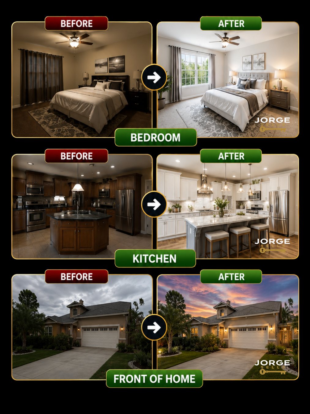 Before and after professional photography of a bedroom, kitchen and home exterior